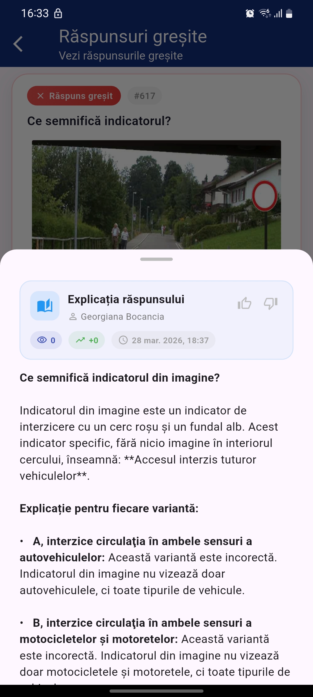 Explicație detaliată generată de AI pentru răspunsul corect la întrebare din chestionarul auto DGPCI - învățare inteligentă examen permis