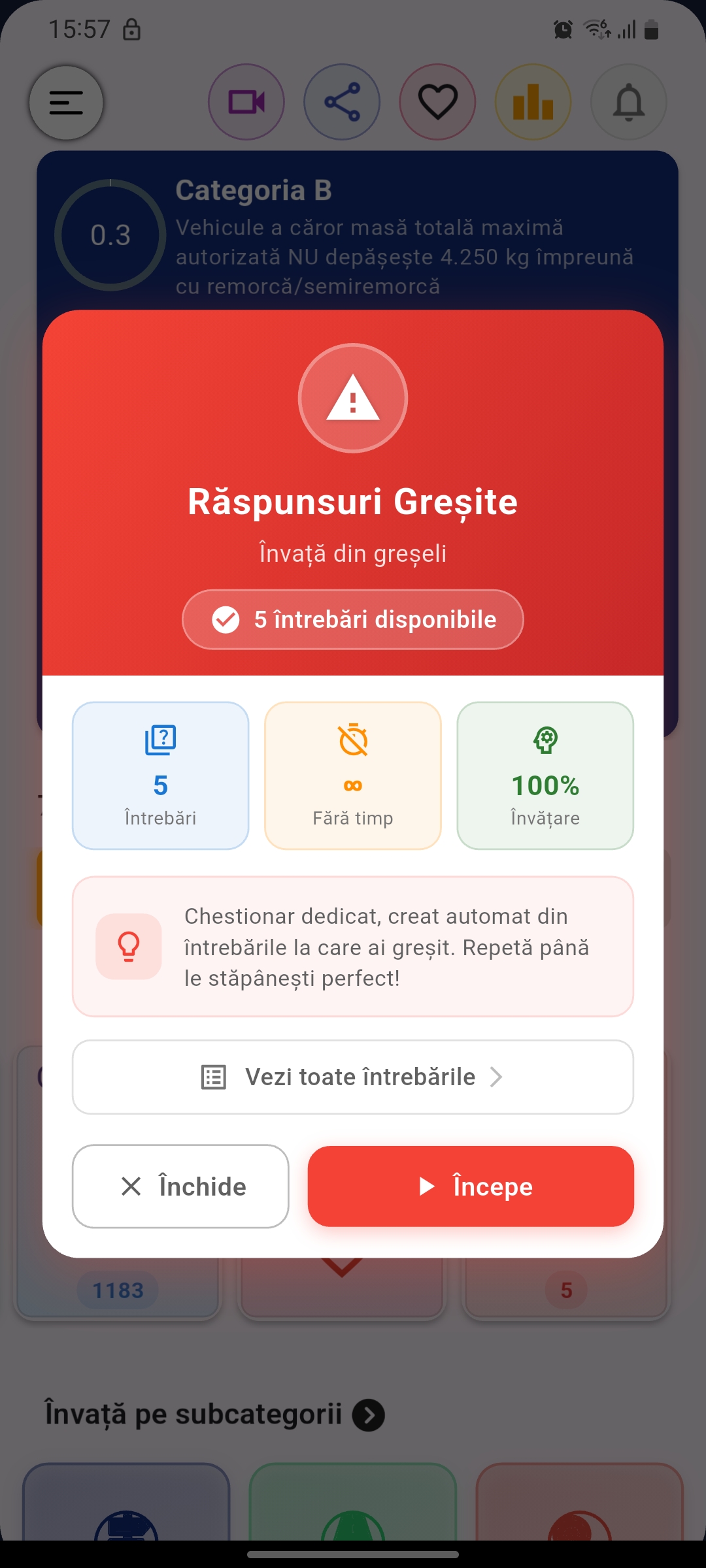 Mod chestionar din răspunsuri greșite DGPCI - repetă doar întrebările la care ai greșit pentru pregătire eficientă examen auto