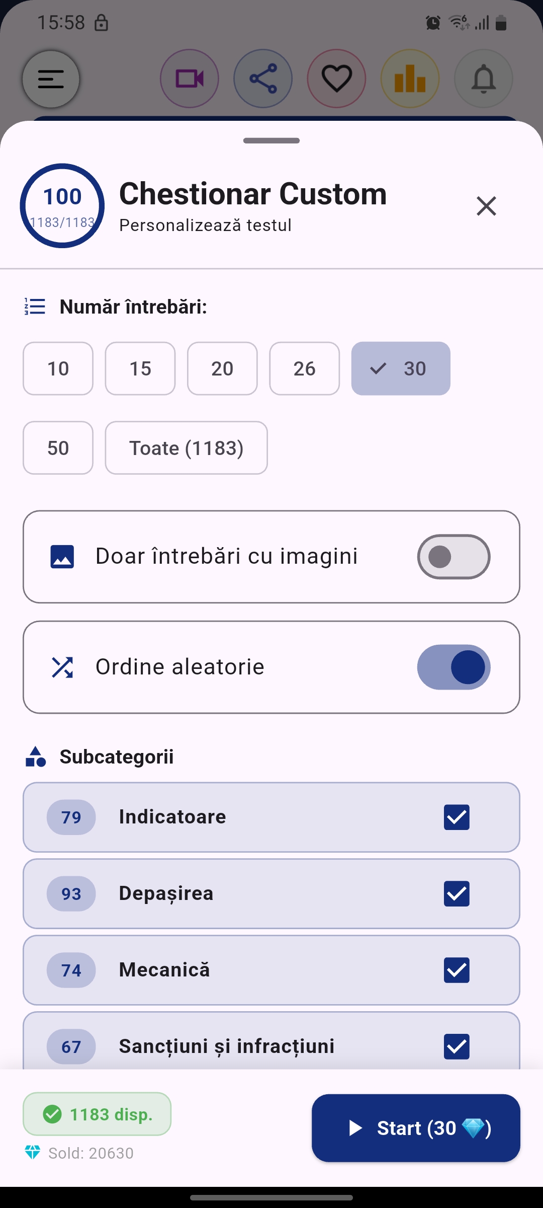 Personalizare chestionar custom DGPCI - alege subcategorii specifice, număr întrebări și dificultate pentru pregătire targetată examen auto