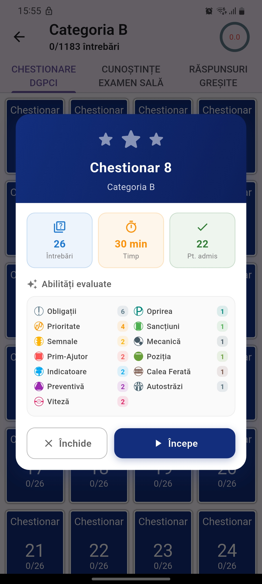 Dialog start chestionar auto DGPCI cu detalii examen - număr întrebări, timp alocat, categorie permis și mod de testare