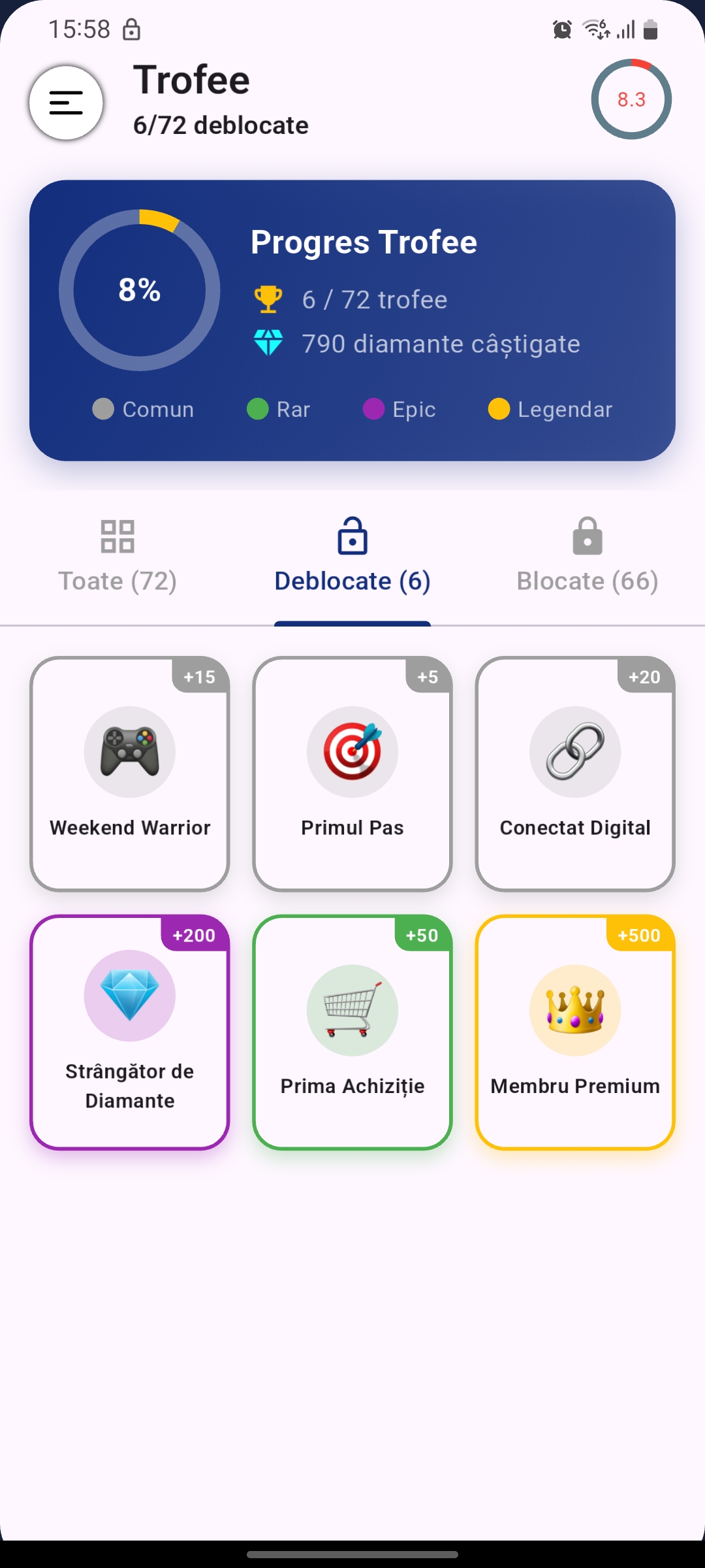 Colecție de 69 trofee și realizări deblocate în aplicația Chestionare DGPCI - gamificare și motivație pentru pregătirea examenului auto