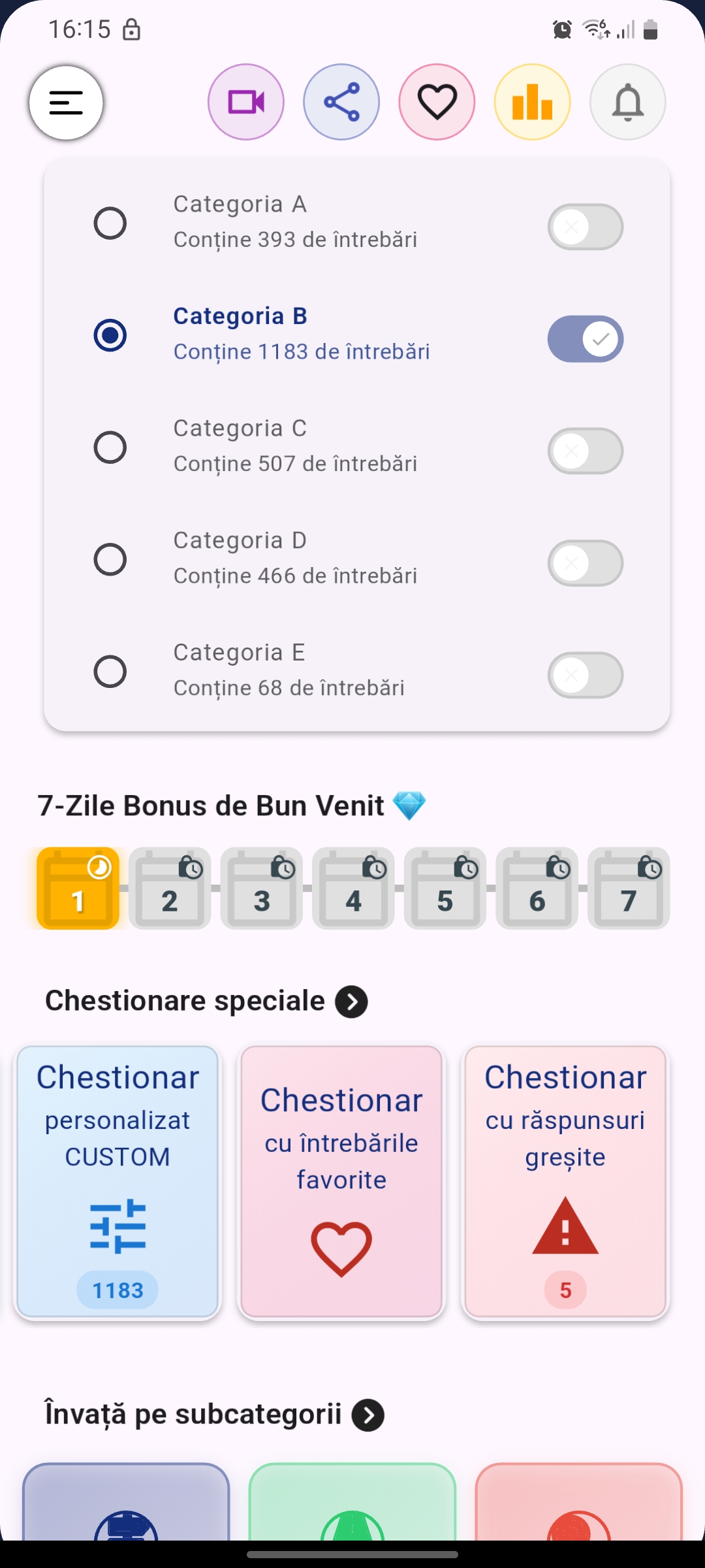 Aplicația Chestionare DGPCI 2026 - Ecranul principal cu chestionare auto gratuite, simulări examen permis auto și statistici pentru categoriile A, B, C, D, E