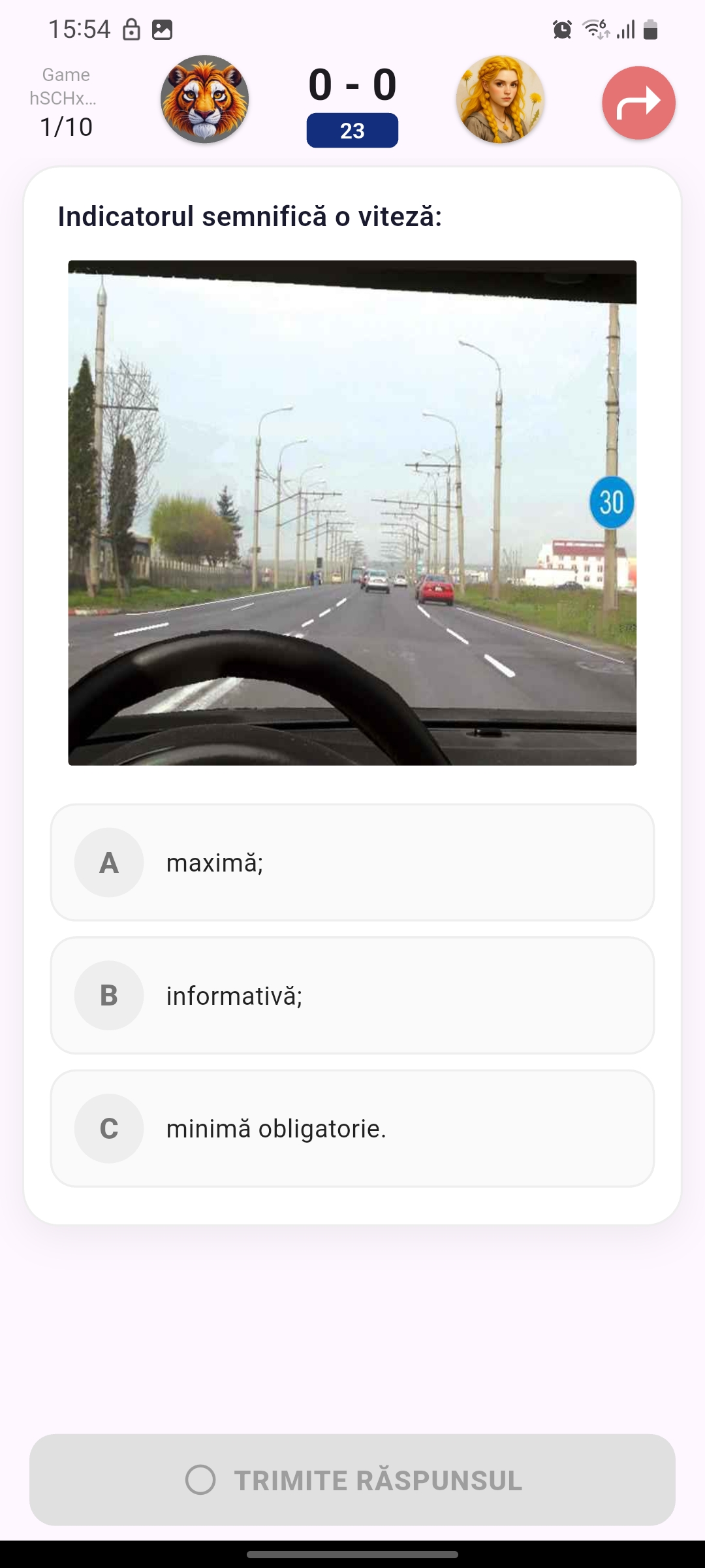 Joc educativ jucător vs bot AI în aplicația Chestionare DGPCI - competiție interactivă la întrebări auto pentru învățare gamificată