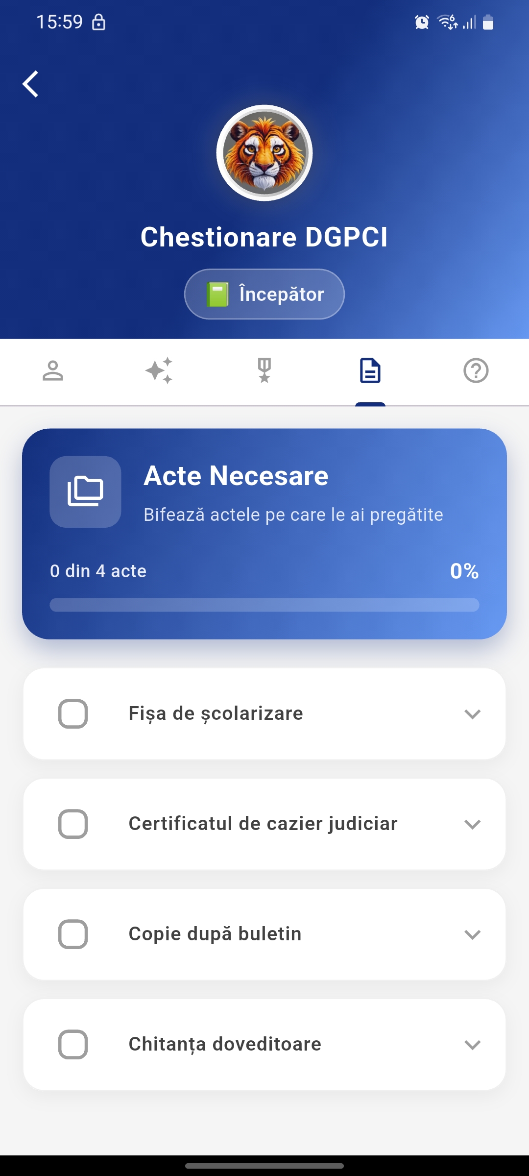 Profil utilizator Chestionare DGPCI cu statistici detaliate - procent răspunsuri corecte, chestionare completate, diamante câștigate și badge-uri