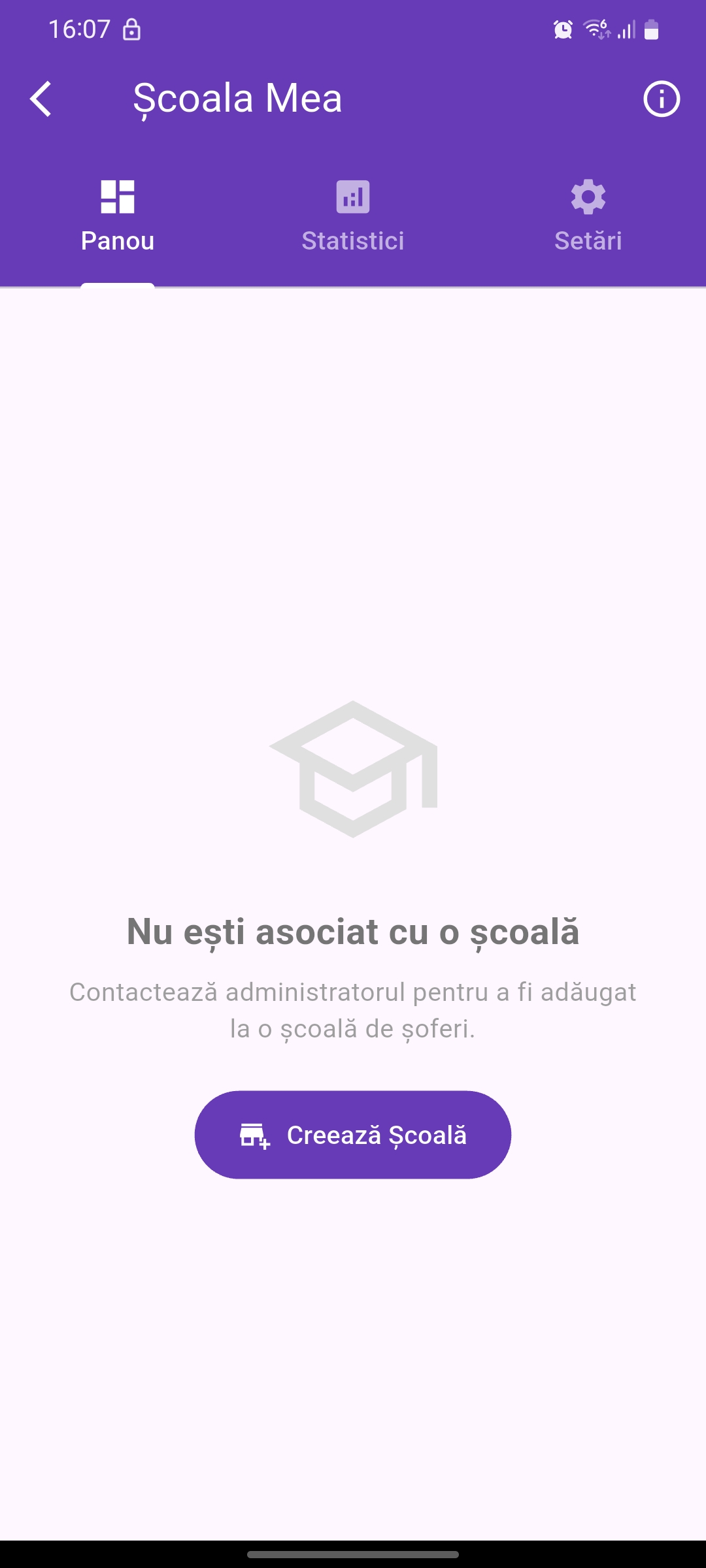 Panou de control instructor auto și școală de șoferi în aplicația Chestionare DGPCI - gestionare școală, elevi activi, calendar lecții condus și statistici
