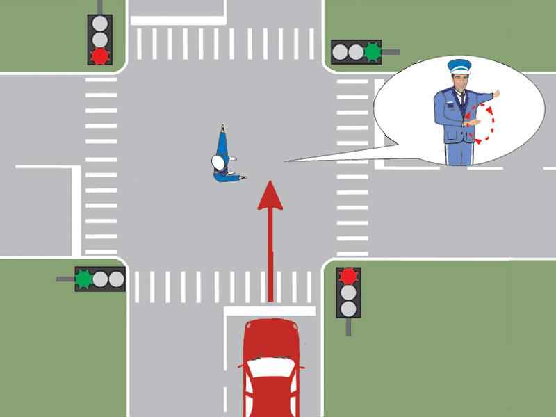 Poliţistul din intersecţie semnalizează conducătorul auto să mărească viteza. Cum trebuie să procedeze acesta?