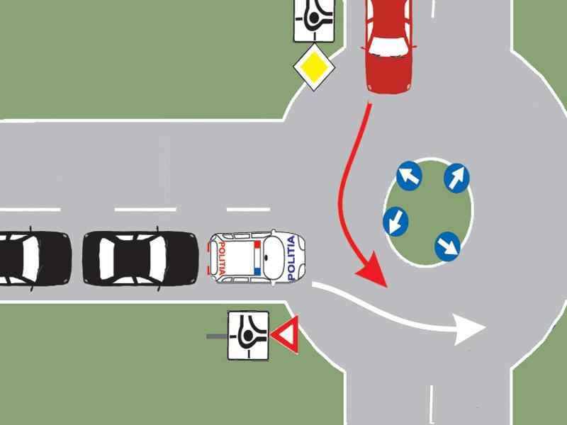 Cum procedaţi dacă vă aflaţi în autoturismul roşu şi observaţi că de pe drumul fără prioritate se apropie o coloană cu regim…